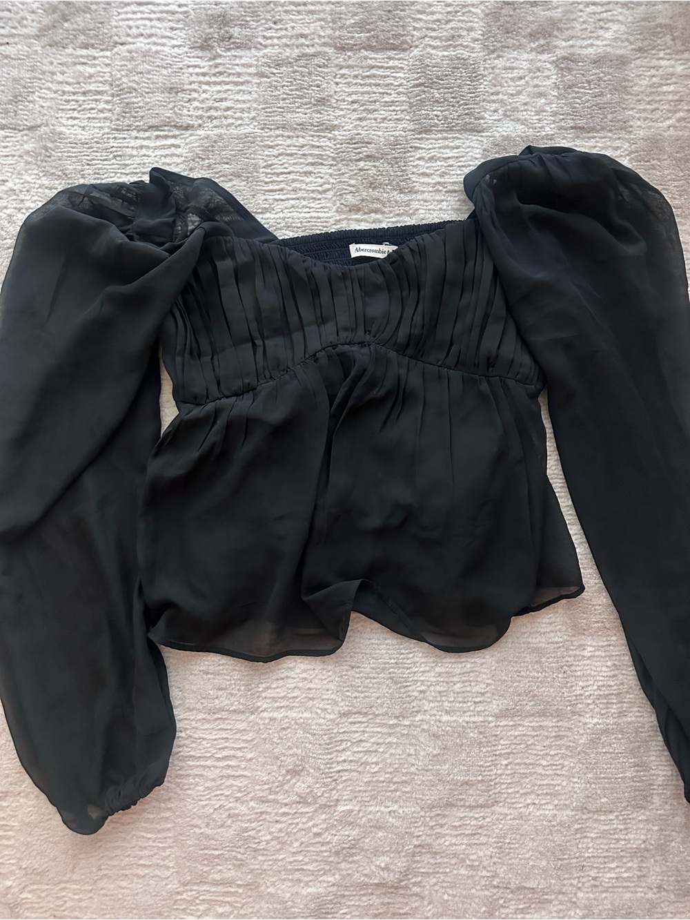 Abercrombie & Fitch Black Sheer Pleated Puff-Sleeve Blouse
